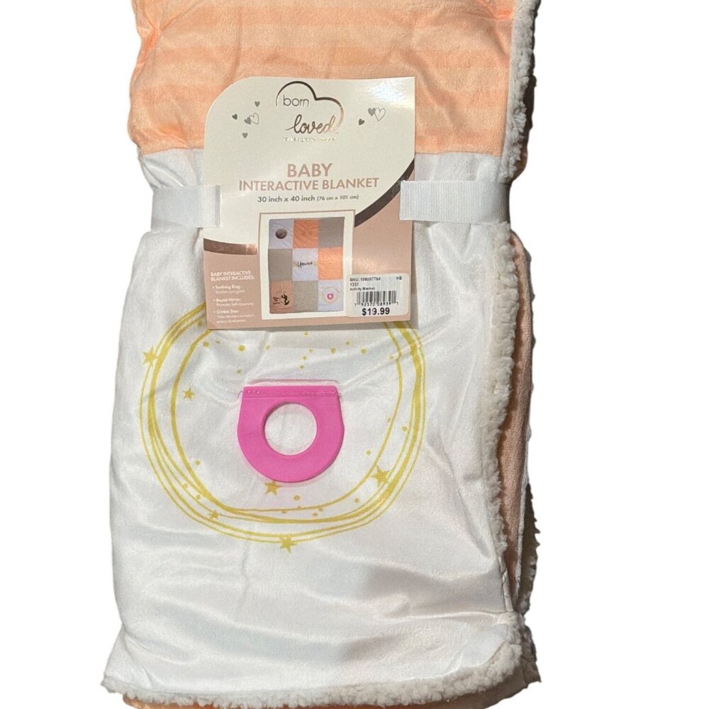 NIP Born Loved Baby Interactive Plush Security Blanket 30x40 Peach White Comfy